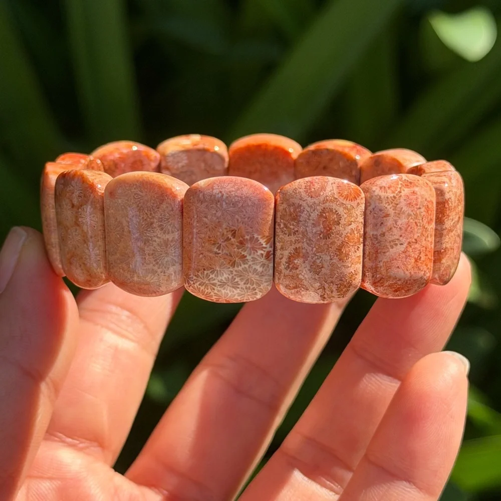Stretchable red fossilized coral‎ soft bangle 0699